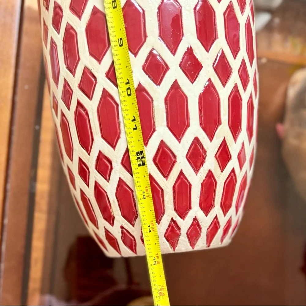 15” CHINOISERIE Mid Century Modern Vase Red Brick Ivory Geometric Porcelain MCM - Picture 8 of 10